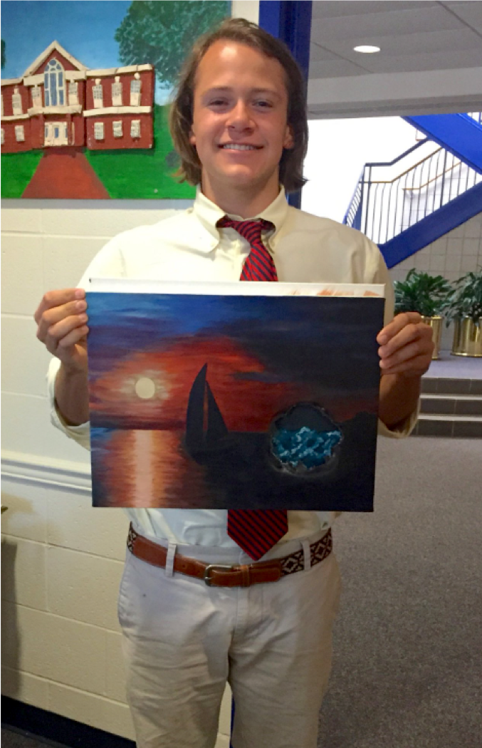 10th grade student created a piece depicting the relationship between depression and anger. He focused on the dichotomy of calm waters vs. rough/turbulent waters.