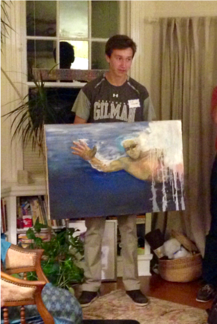 This 12th grader described his painting as a swimmer reaching out for help and leaving behind a wake of chaos. 