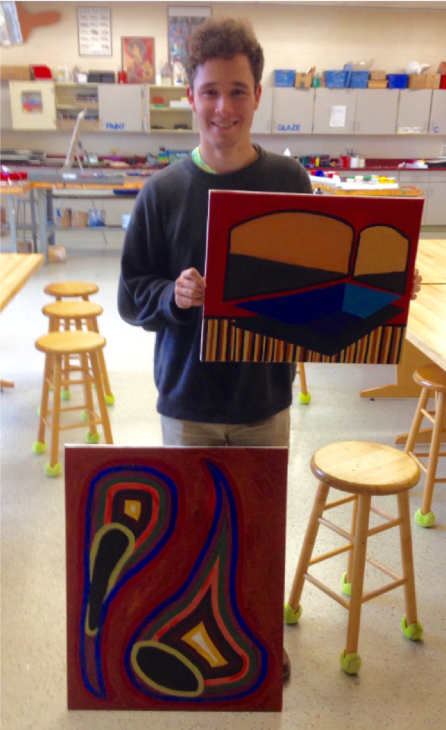In these abstract compositions, this 12th grader used color, shape and form to address the topic of isolation; i.e. - how someone can be alone even when they are in a room full of people, like a classroom. In his words, “ the idea of being separate, yet a part of the same whole, is at the core of these paintings.”